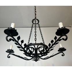 Wrought Iron Chandelier 5 Arms Leaf Décor French Artisan circa 1950