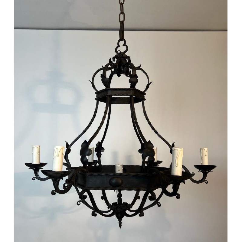 Wrought Iron Cage Chandelier 7 Lights Gothic Style France circa 1950