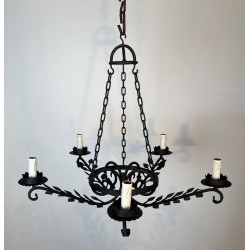 Wrought Iron Chandelier 5 Arms Leaf Décor French Artisan circa 1950