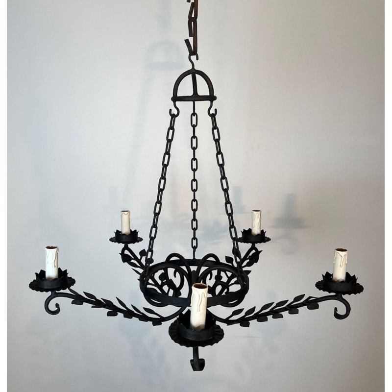 Wrought Iron Chandelier 5 Arms Leaf Décor French Artisan circa 1950