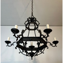 Wrought Iron Cage Chandelier 7 Lights Gothic Style France circa 1950