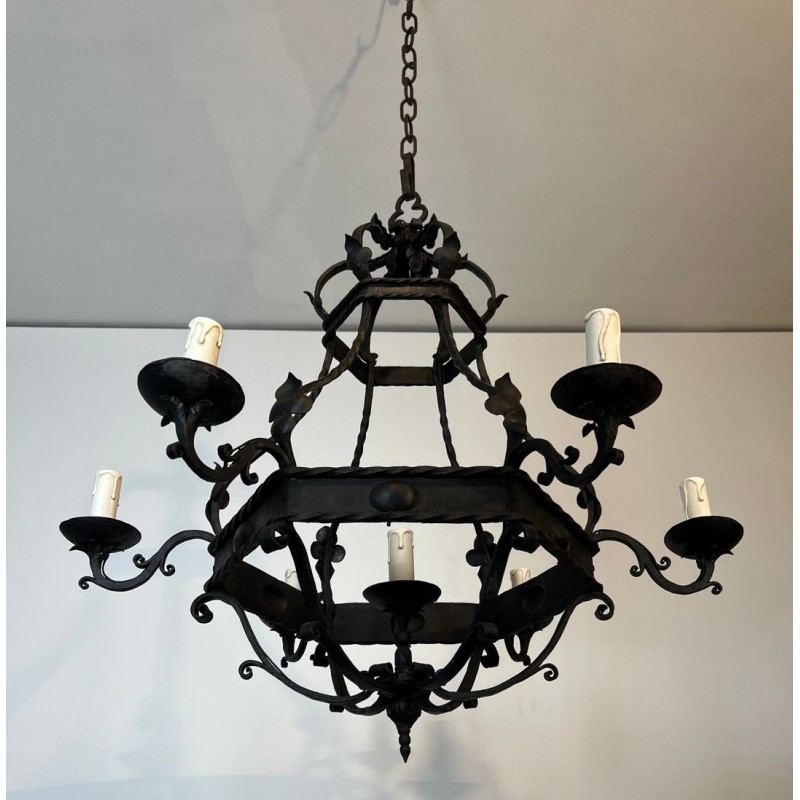 Lustre Cage Fer Forgé 7 Lumières Style Gothique France circa 1950