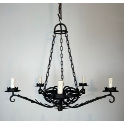 Wrought Iron Chandelier 5 Arms Leaf Décor French Artisan circa 1950