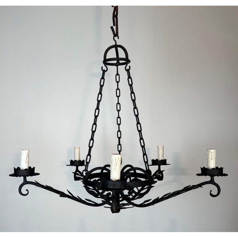 Wrought Iron Chandelier 5 Arms Leaf Décor French Artisan circa 1950