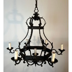 Wrought Iron Cage Chandelier 7 Lights Gothic Style France circa 1950