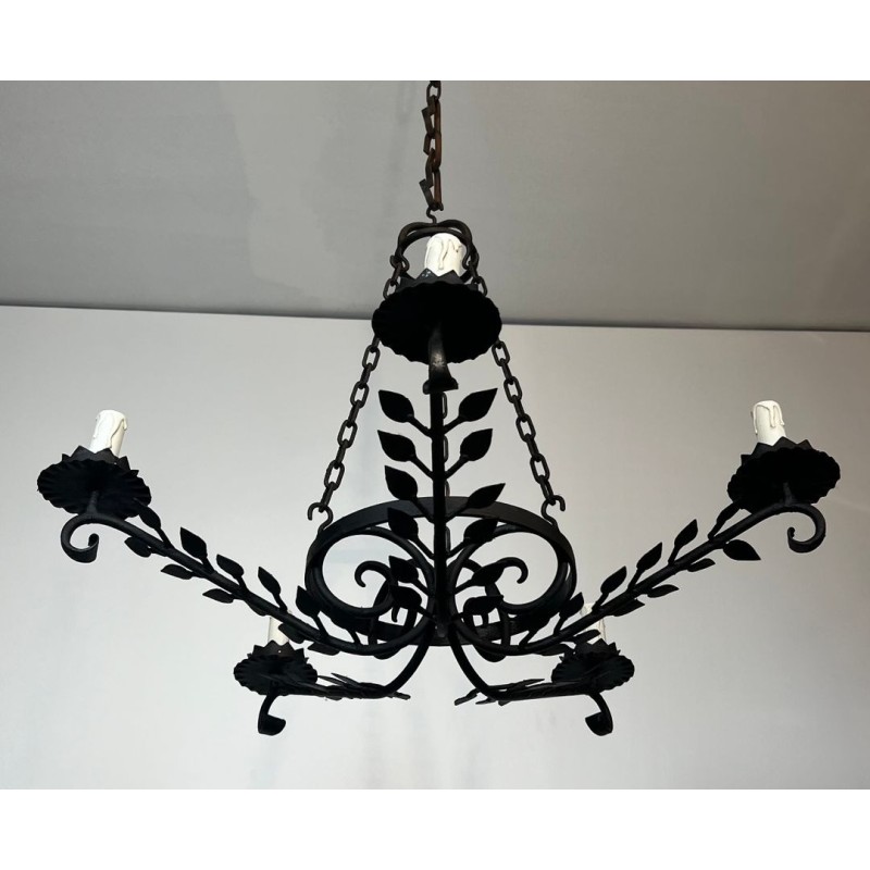 Wrought Iron Chandelier 5 Arms Leaf Décor French Artisan circa 1950