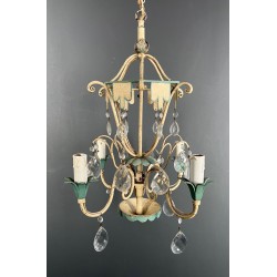 Lustre Montgolfière Métal Patiné Cristaux Art Déco France circa 1940