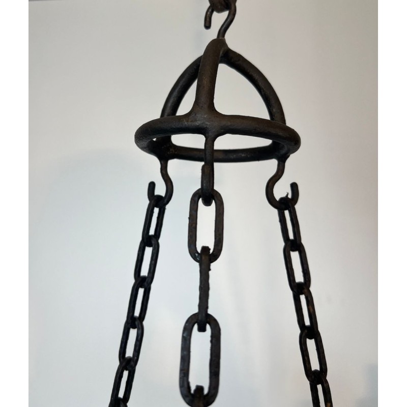 Wrought Iron Chandelier 5 Arms Leaf Décor French Artisan circa 1950