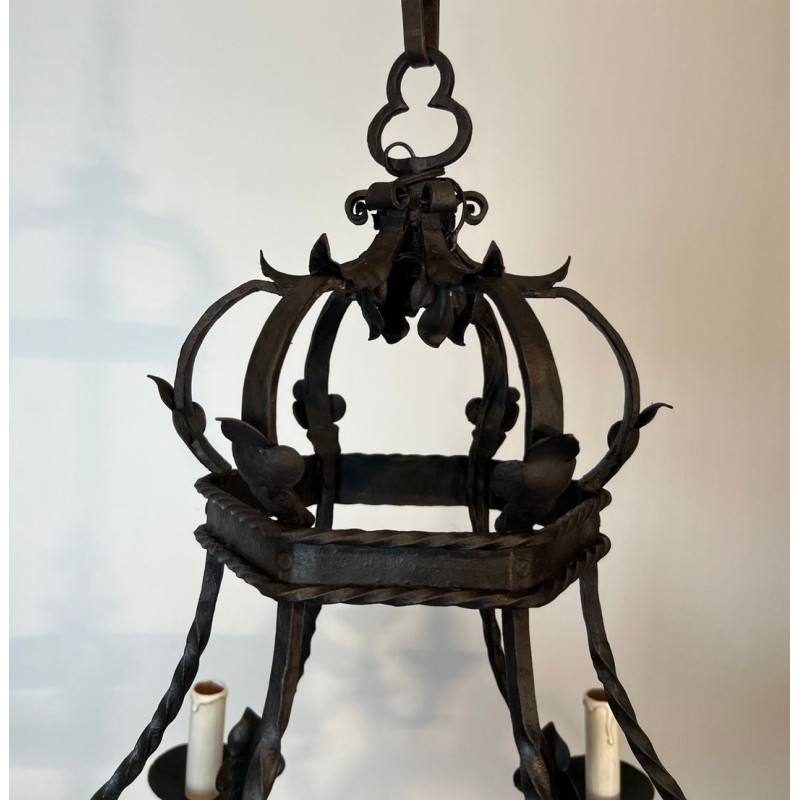Wrought Iron Cage Chandelier 7 Lights Gothic Style France circa 1950