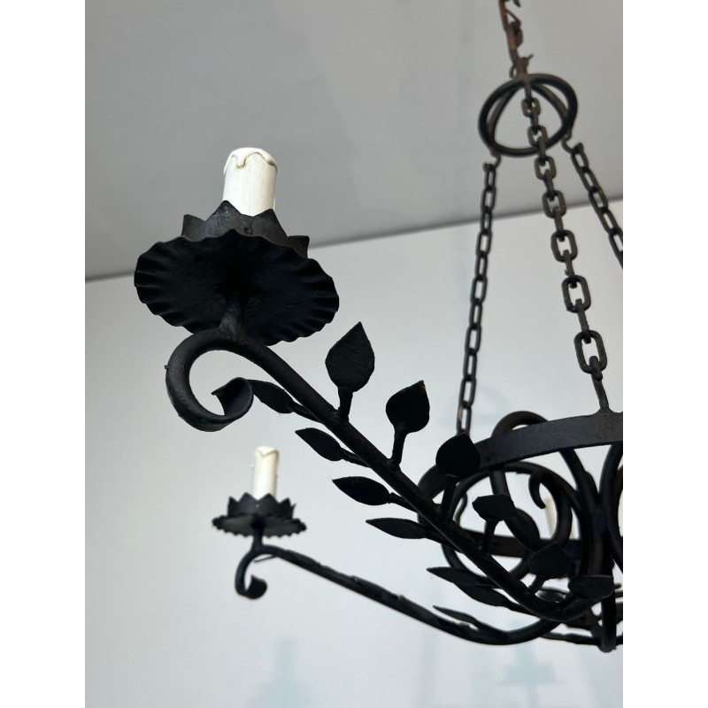 Wrought Iron Chandelier 5 Arms Leaf Décor French Artisan circa 1950