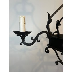 Lustre Cage Fer Forgé 7 Lumières Style Gothique France circa 1950