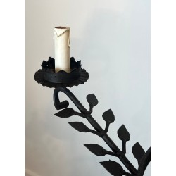 Lustre Fer Forgé 5 Bras Décors Feuilles Artisanat Français circa 1950