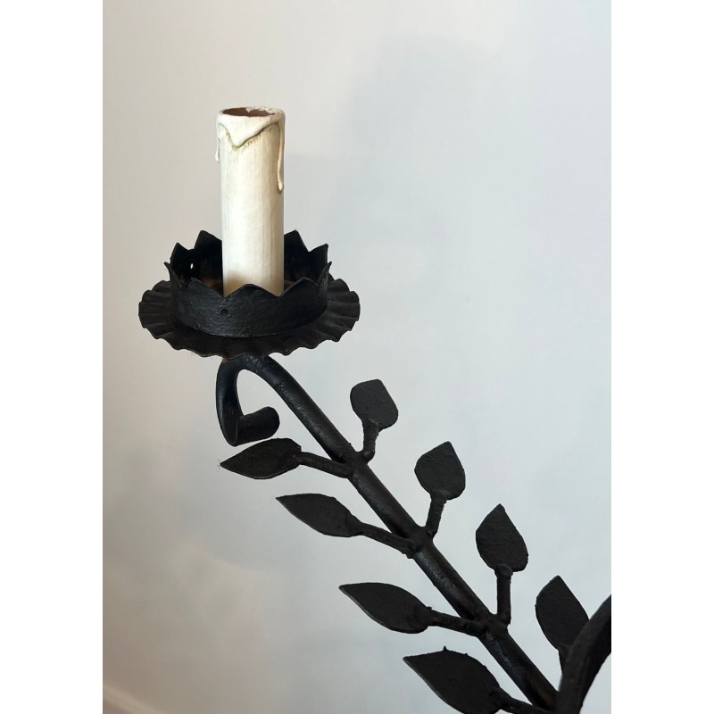 Wrought Iron Chandelier 5 Arms Leaf Décor French Artisan circa 1950