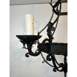 Wrought Iron Cage Chandelier 7 Lights Gothic Style France circa 1950
