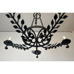 Lustre Fer Forgé 5 Bras Décors Feuilles Artisanat Français circa 1950