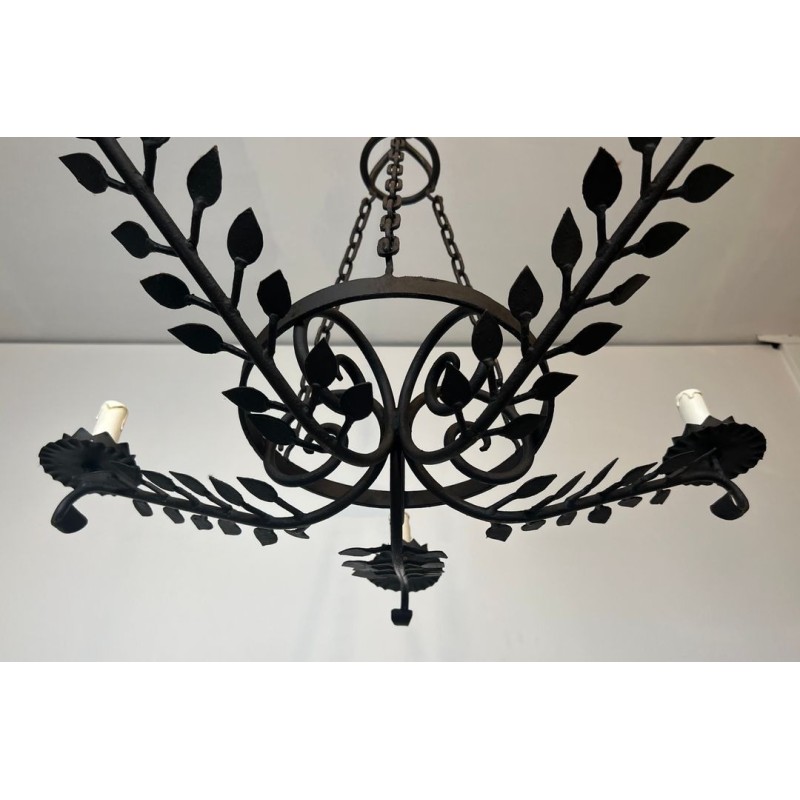 Lustre Fer Forgé 5 Bras Décors Feuilles Artisanat Français circa 1950
