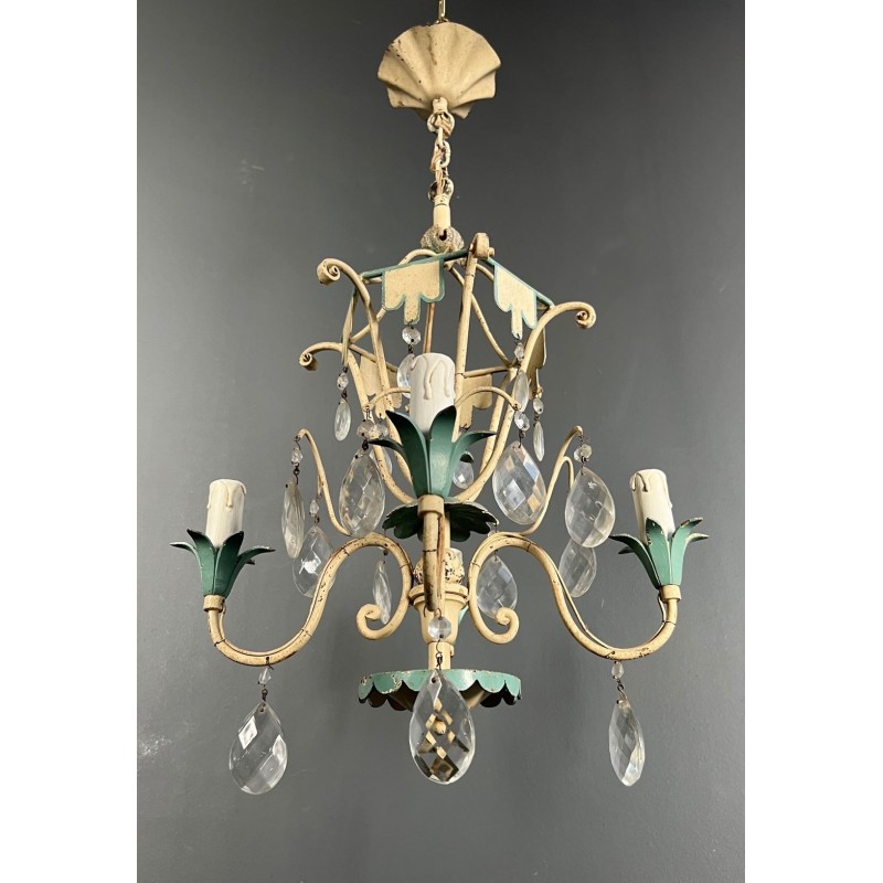 Lustre Montgolfière Métal Patiné Cristaux Art Déco France circa 1940