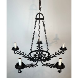 Lustre Fer Forgé 5 Bras Décors Feuilles Artisanat Français circa 1950