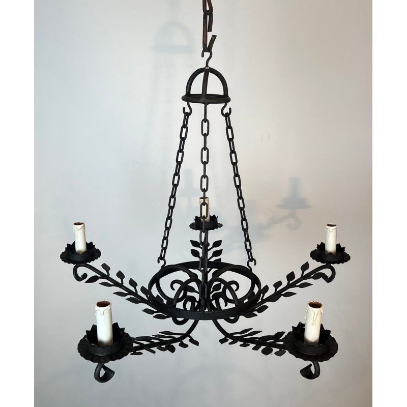Lustre Fer Forgé 5 Bras Décors Feuilles Artisanat Français circa 1950