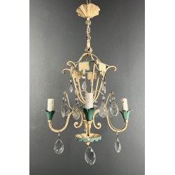 Lustre Montgolfière Métal Patiné Cristaux Art Déco France circa 1940