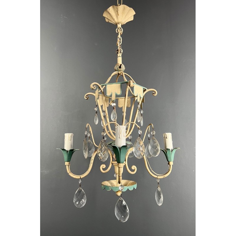 Lustre Montgolfière Métal Patiné Cristaux Art Déco France circa 1940