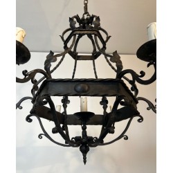 Wrought Iron Cage Chandelier 7 Lights Gothic Style France circa 1950
