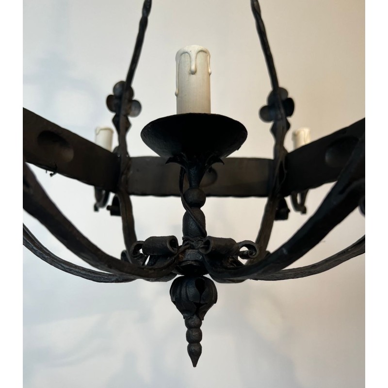 Wrought Iron Cage Chandelier 7 Lights Gothic Style France circa 1950