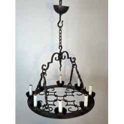 Round Wrought Iron Chandelier 8 Lights Gothic Style France circa 1950