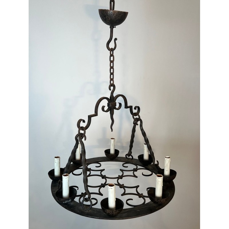 Round Wrought Iron Chandelier 8 Lights Gothic Style France circa 1950
