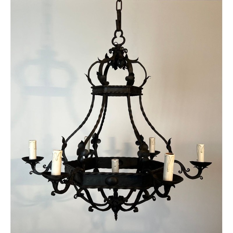 Lustre Cage Fer Forgé 7 Lumières Style Gothique France circa 1950