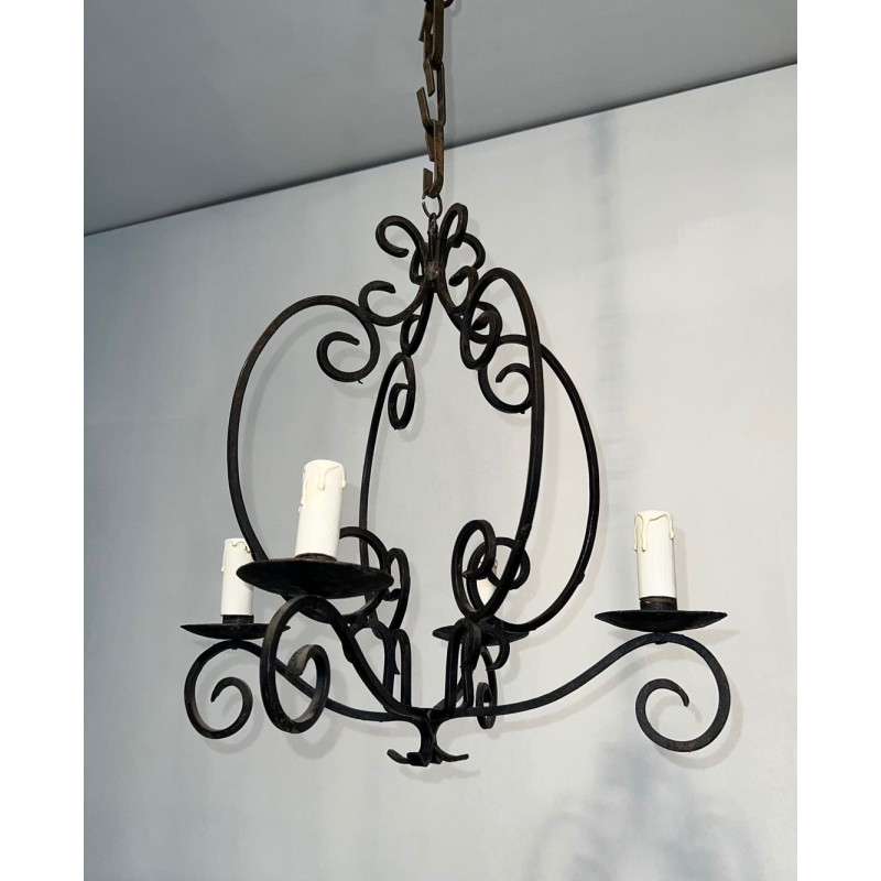 Wrought Iron Chandelier 4 Arms French Artisan Work circa 1950