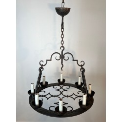 Lustre Rond Fer Forgé 8 Lumières Style Gothique France circa 1950