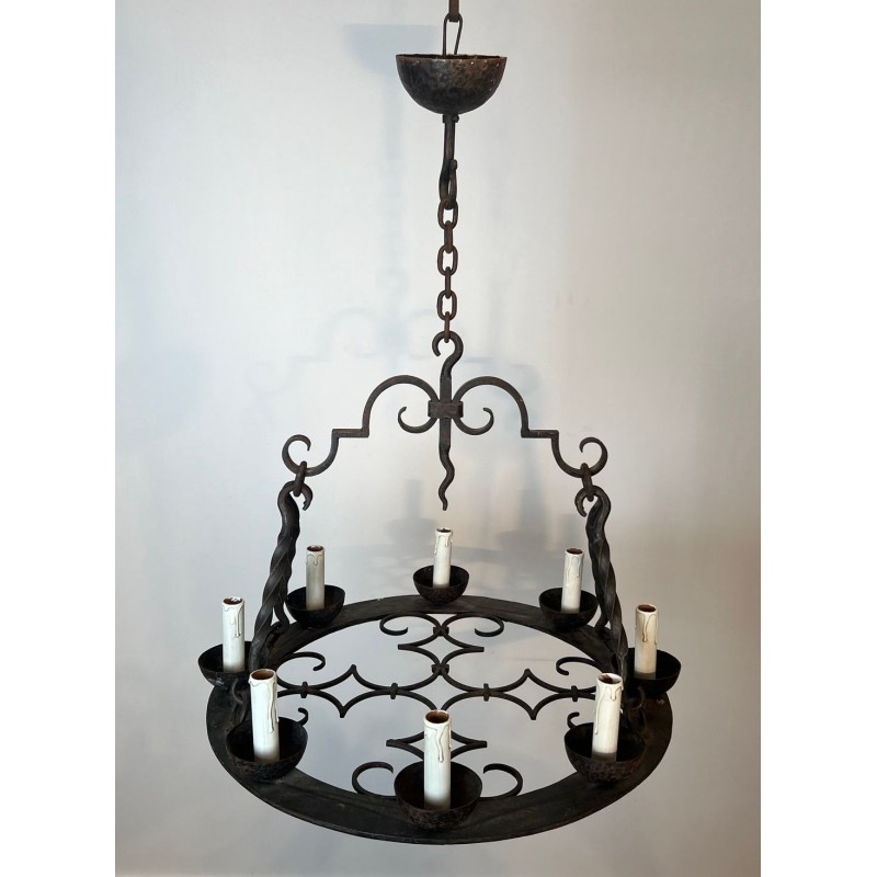 Round Wrought Iron Chandelier 8 Lights Gothic Style France circa 1950