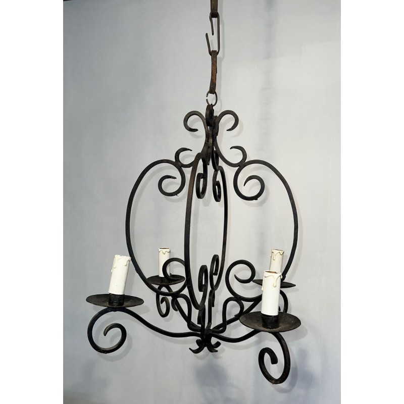 Lustre Fer Forgé 4 Bras Travail Artisanal Français circa 1950