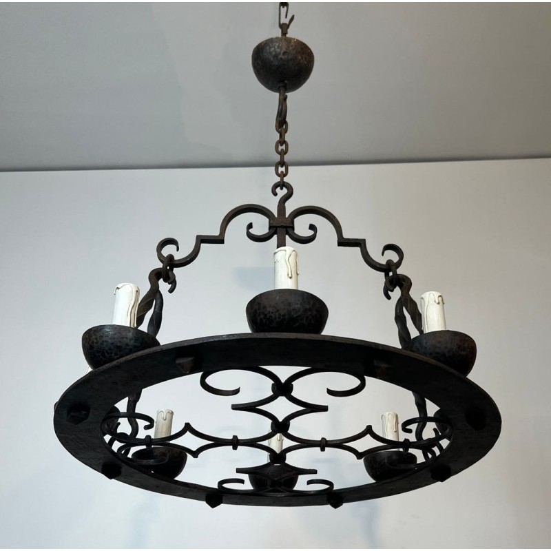 Round Wrought Iron Chandelier 8 Lights Gothic Style France circa 1950