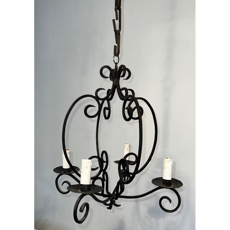 Lustre Fer Forgé 4 Bras Travail Artisanal Français circa 1950