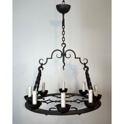 Round Wrought Iron Chandelier 8 Lights Gothic Style France circa 1950