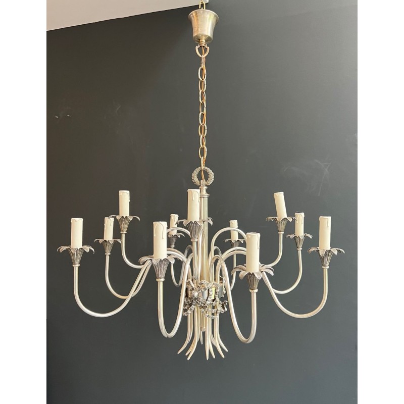 Silvered Metal Chandelier 8 Arms Neoclassical Maison Charles France circa 1940