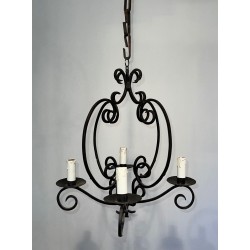 Wrought Iron Chandelier 4 Arms French Artisan Work circa 1950