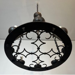 Round Wrought Iron Chandelier 8 Lights Gothic Style France circa 1950
