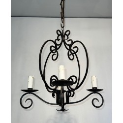 Wrought Iron Chandelier 4 Arms French Artisan Work circa 1950