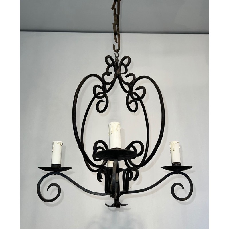 Wrought Iron Chandelier 4 Arms French Artisan Work circa 1950