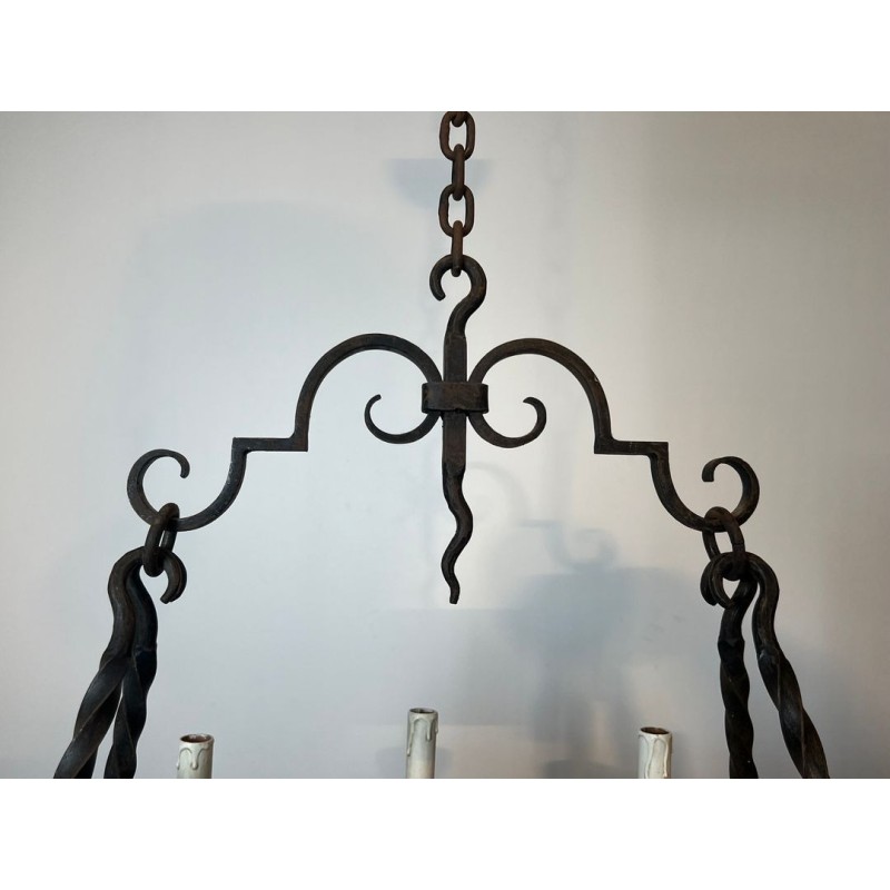 Round Wrought Iron Chandelier 8 Lights Gothic Style France circa 1950