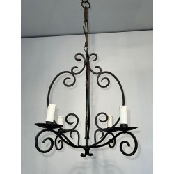 Wrought Iron Chandelier 4 Arms French Artisan Work circa 1950