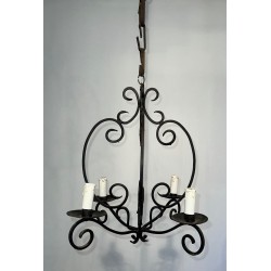 Wrought Iron Chandelier 4 Arms French Artisan Work circa 1950