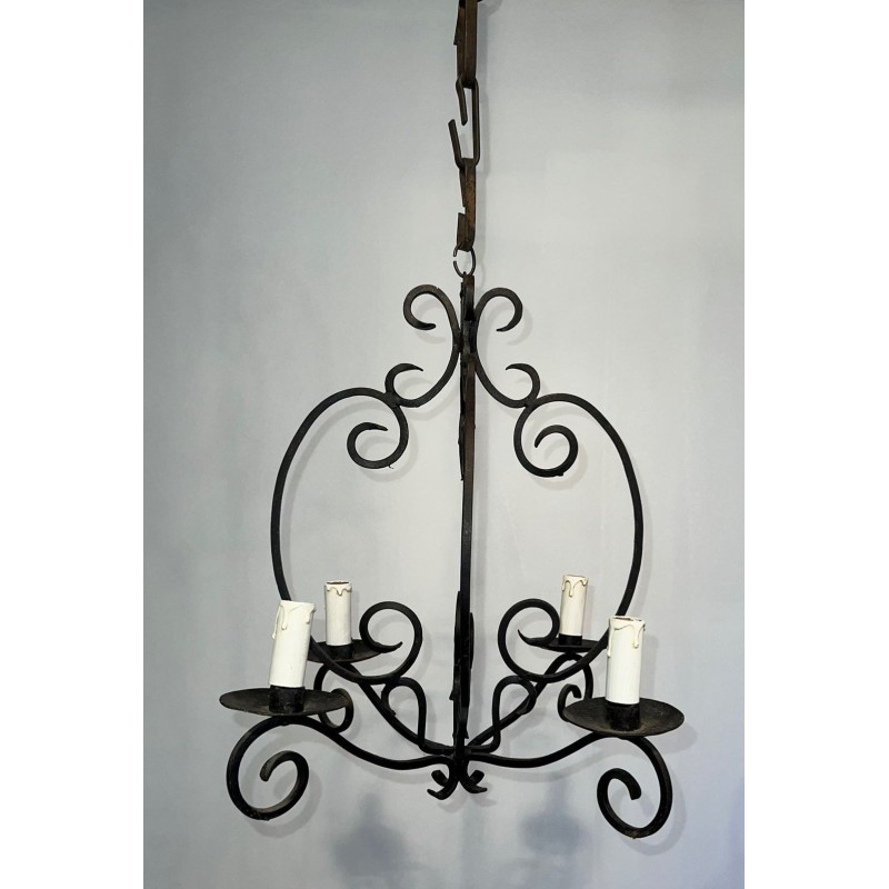 Wrought Iron Chandelier 4 Arms French Artisan Work circa 1950