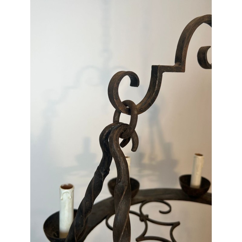 Round Wrought Iron Chandelier 8 Lights Gothic Style France circa 1950