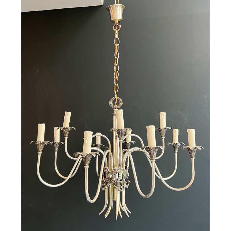 Silvered Metal Chandelier 8 Arms Neoclassical Maison Charles France circa 1940