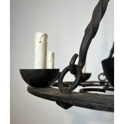 Round Wrought Iron Chandelier 8 Lights Gothic Style France circa 1950