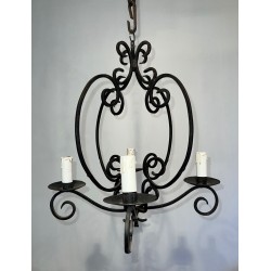 Wrought Iron Chandelier 4 Arms French Artisan Work circa 1950